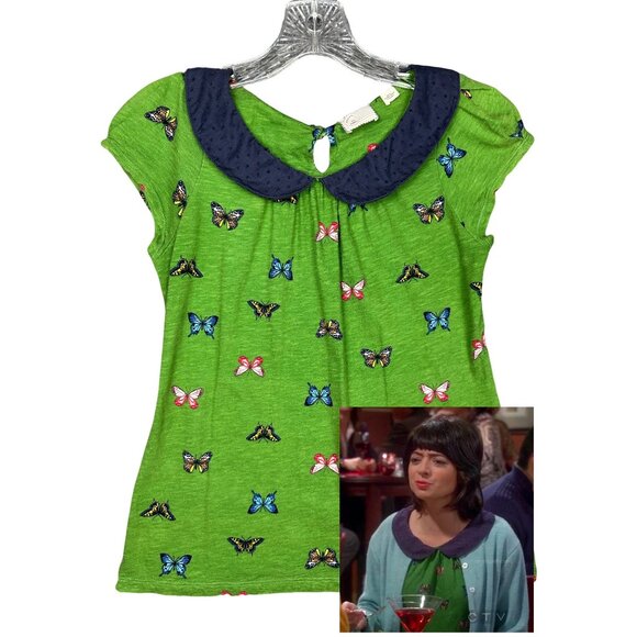 Anthropologie Tops - Anthropologie Green Butterfly Top XS Peter Pan Collar As Seen On Big Bang Theory